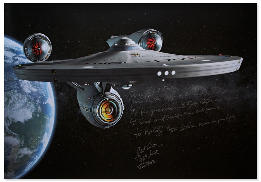 William Shatner Signed Oversized ''Star Trek'' Photo Measuring 33'' x 47'' -- Shatner Writes the Famous Title Sequence Introduction: ''Space the Final Frontier...William Shatner / Capt. Kirk / Star...